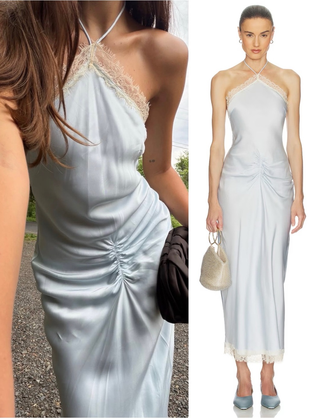 HELSA Viscose Satin Lace Trimmed Halter Dress Baby Blue